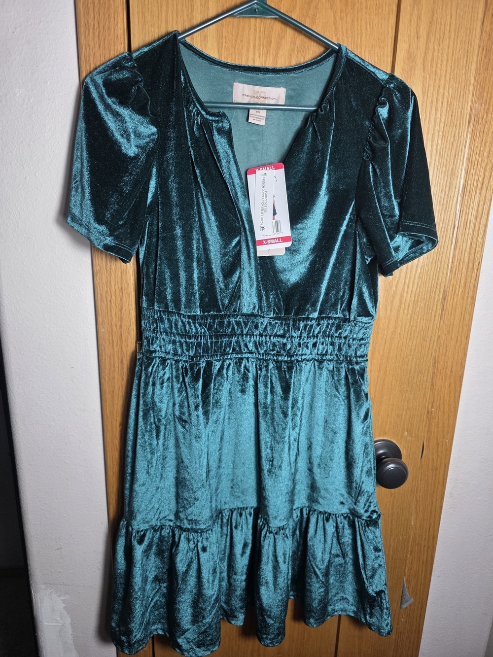 French Connection Teal Velvet Short Sleeve Tiered Dress XS New Ruffles Y2K 90's
